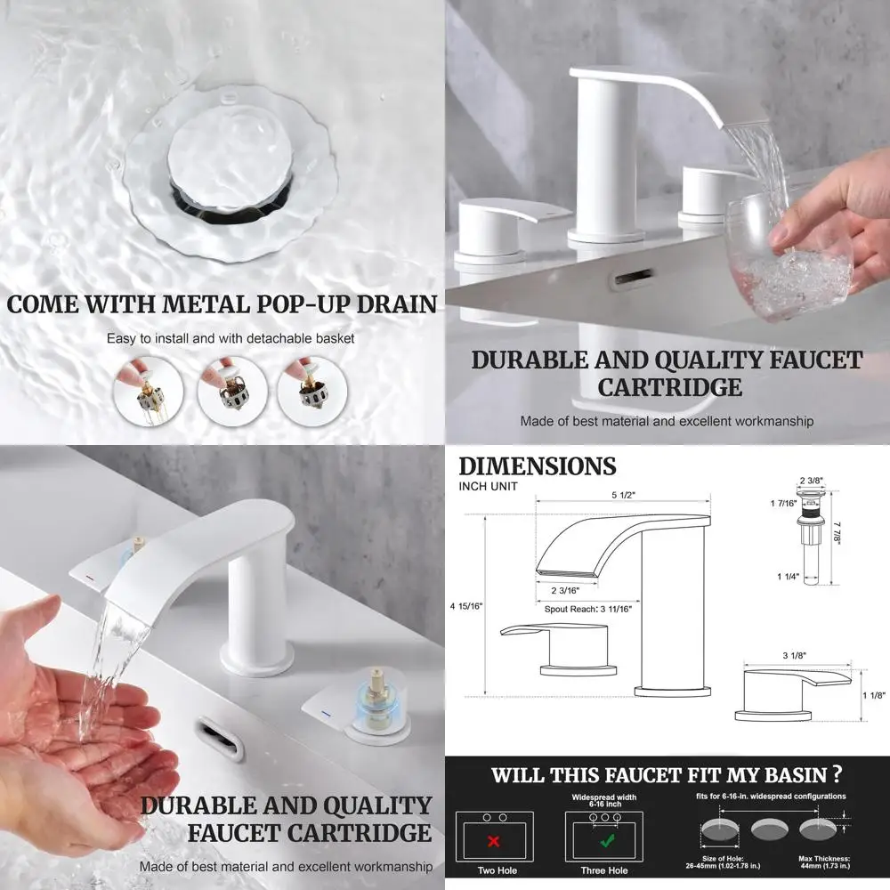 

White 8 Widespread Bathroom Sink Faucet with Metal Pop-Up Drain and 2 Hoses