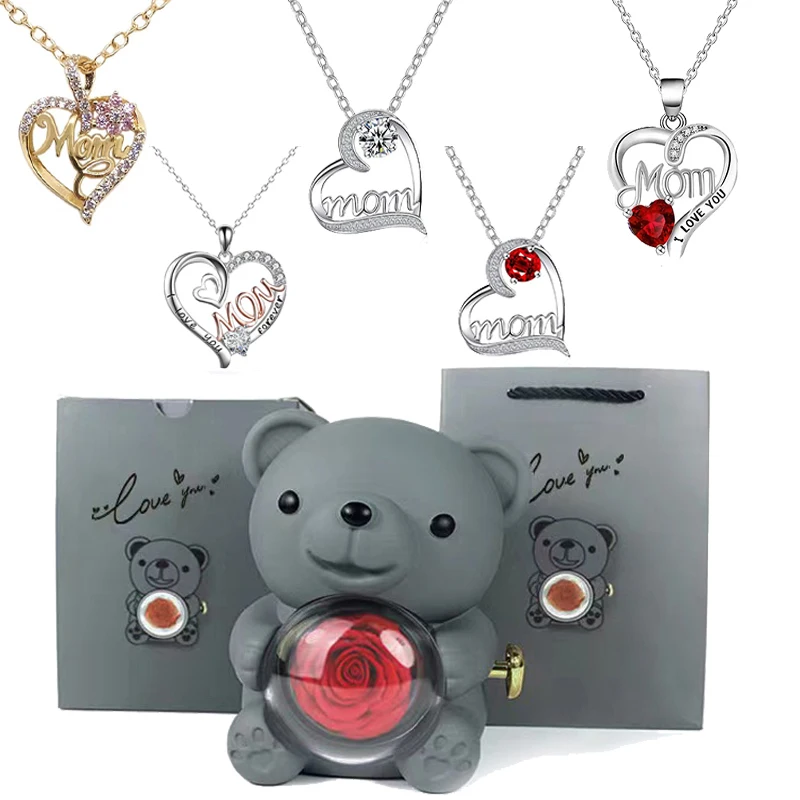 

Heart Zircon Mom Pendant Necklaces With Cute Bear Rose Flower Gift Box 2025 Suitable For Christmas Mother Day Romantic Surprised