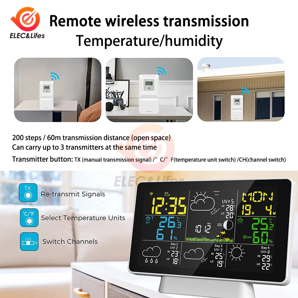 Tuya WiFi Intelligent Weather Alarm Clock Weather Forecast Weather Station LCD Color Screen Wireless Thermometer Hygrometer