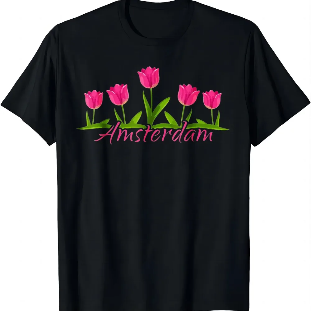 Amsterdam Netherlands Tulips Holland Souvenir Vintage T-Shirt Y2k Men and women Short sleeves Personalized T-shirt Summer Tops