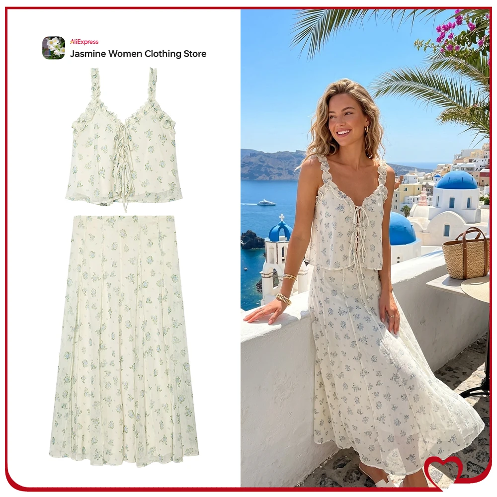 

Elegant Chic Women Floral Skirt Sets French Style Summer Holiday New Matching Sets Floral V-neck Tied Top and A-line Midi Skirt