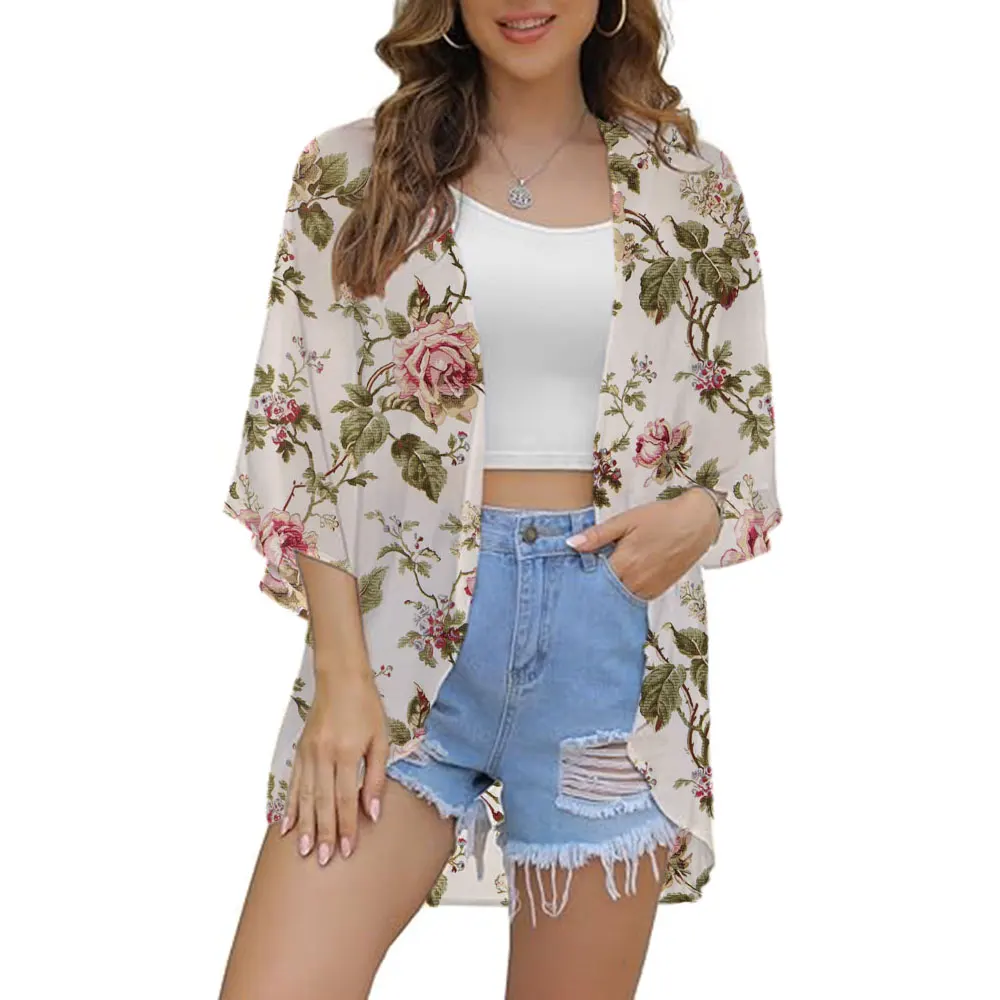 Kimono da donna in Chiffon con stampa floreale bohémien mantelle con scialle cappotto Kimono estivo in Chiffon copricostume Cardigan top Beach Party