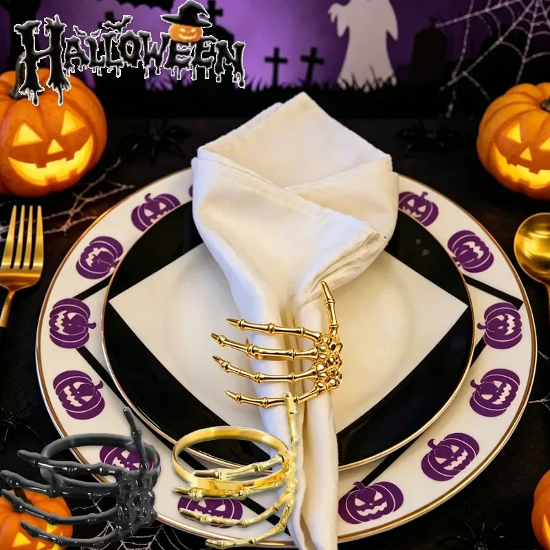 2-4PCS Halloween Skeleton Hand Napkin Cuff Ghost Hand Ring Black Napkin Holder for Hotel Banquet Table Setting Decoration