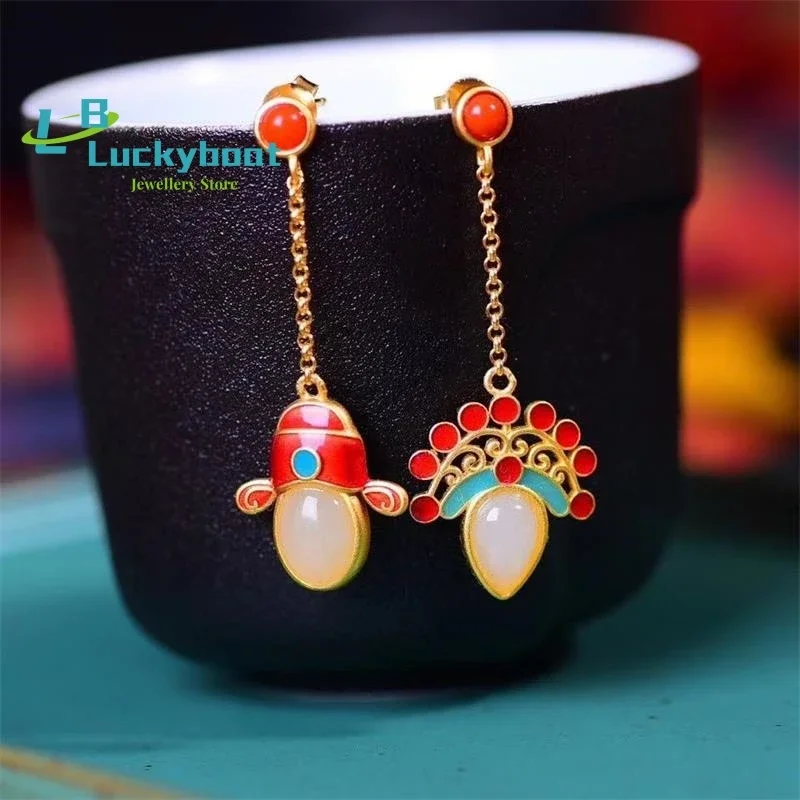 

Серьги из натурального белого нефрита Хэтянь в китайском ретро-дворцовом стиле, Пекинская опера, макияж для лица, классический креативный элегантный рождественский подарок