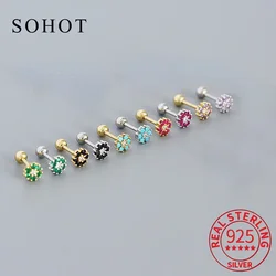 Fashion Real 925 Sterling Silver Colorful Zircon Flower Stud Earrings For Fashion Women Classic Fine Jewelry Minimalist Bijoux