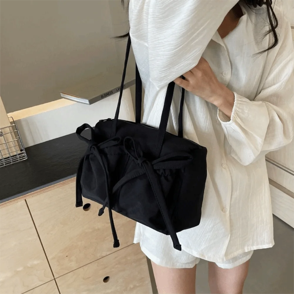 

Fashion Bowknot Bow Nylon Tote Bag Korean Style Canvas Pleated Shoulder Bag Large Capacity Handbag Underarm Bag Unisex