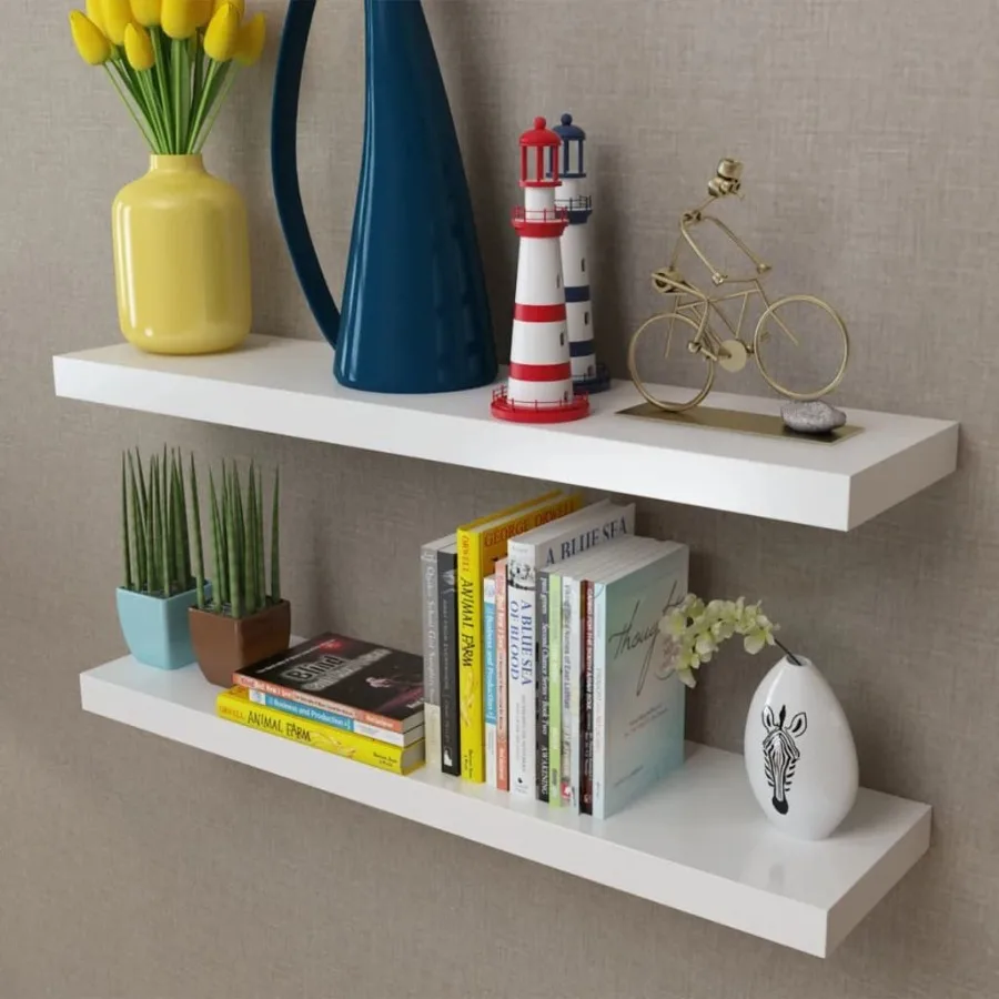 

2 White MDF Floating Wall Display Shelves Book DVD Storage