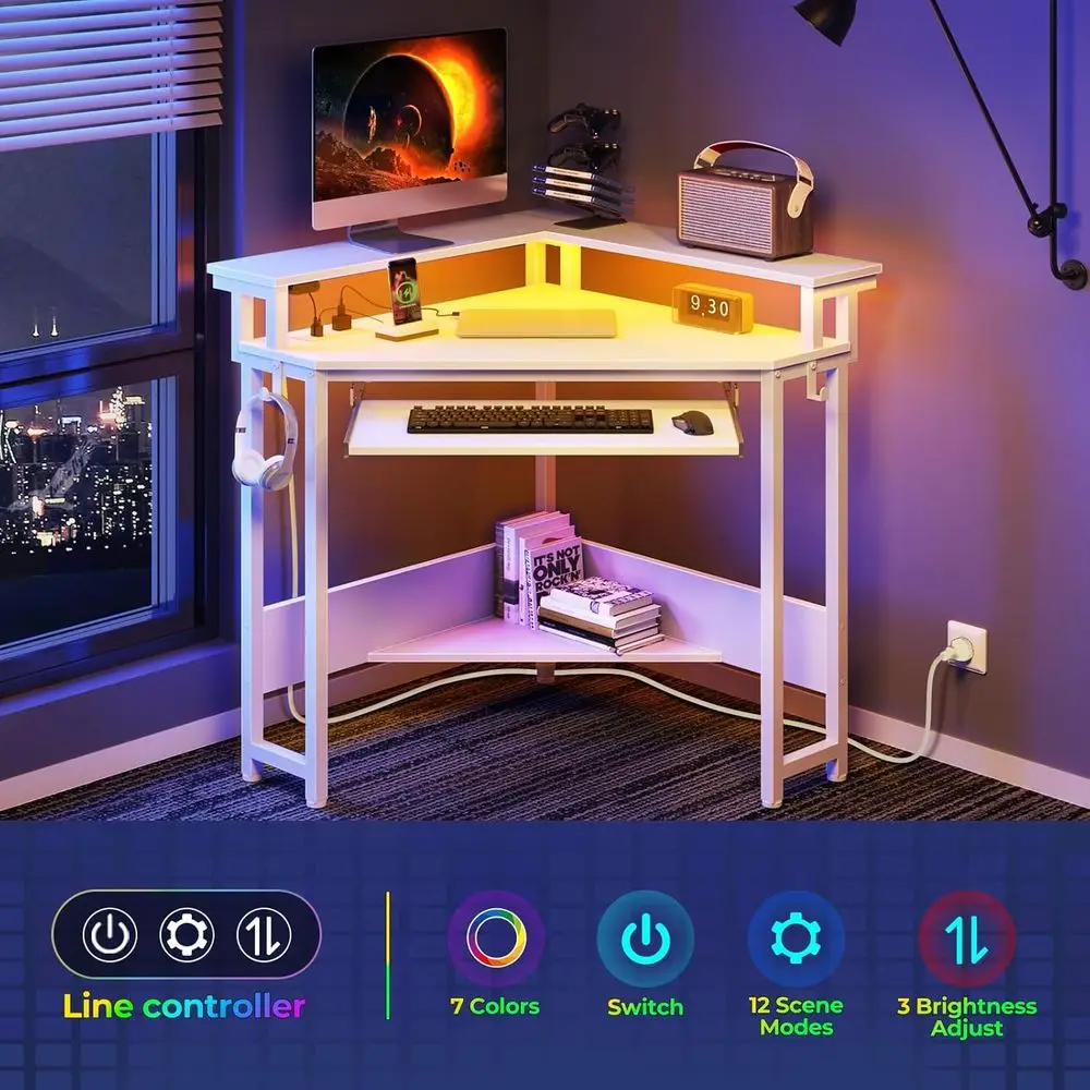 Corner Desk, 44.5" W x 34.5" H Small Computer Desk with Power Outlets, Gaming Desks with LED Lights, Triangle Corner Table with