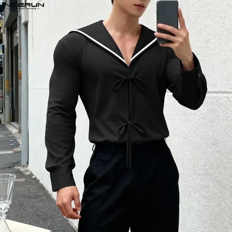 INCERUN Men T Shirt Patchwork Navy Collar Long Sleeve Lace Up Men Clothing Streetwear Spring 2026 Fashion Casual Male Tee Tops