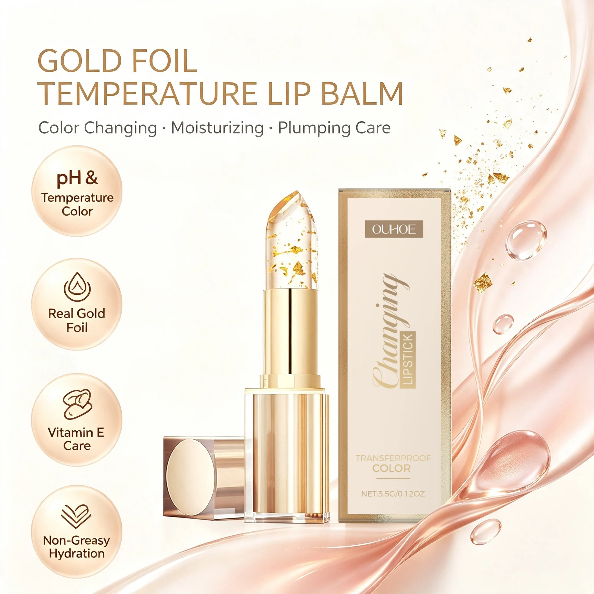 Gold Foil Color Changing Lip Balm Glossy Non-Sticky Nourishing Moisturizing Lasting Transferproof Color Changing Lipstick