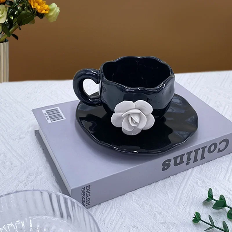 Petal Coffee Mug Creative Hand-pinched White Rose Cups and Saucers Home Afternoon Tea Ceramic Mug Three-dimensional Mug
