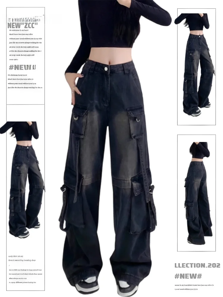 

High Waist Wide Leg Casual Jeans Women's Workwear Denim Pants Multiple kets Ro Hip Hop Sle Loose Fit Trousers