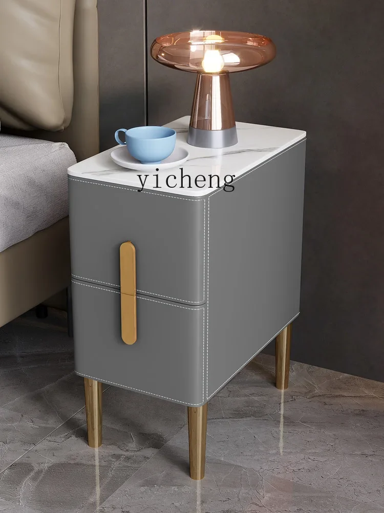 HYP Ultra-Narrow Bedside Table Modern Mini Bedside Cabinet Solid Wood Saddle Leather