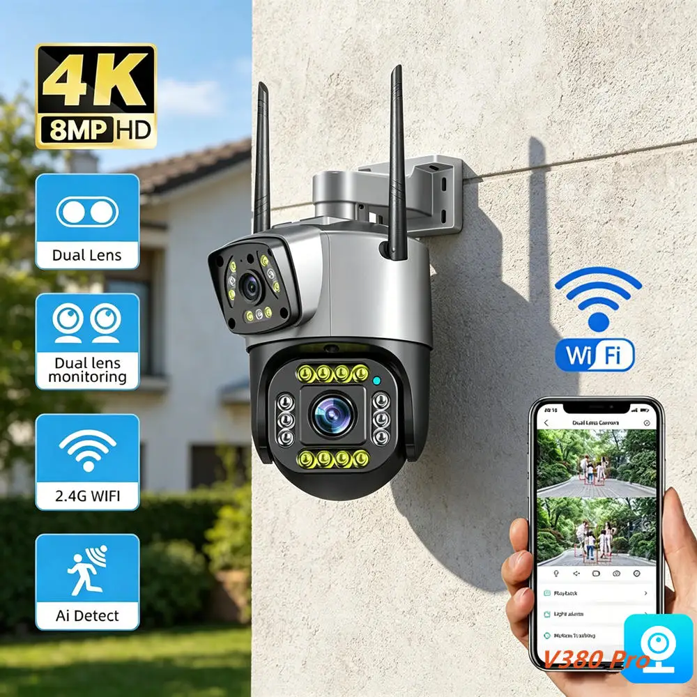 8MP WiFi Security Camera Dual Lens Dual Screen Outdoor Wireless PTZ IP Camera AI Human Detection Home Surveillance Waterproof