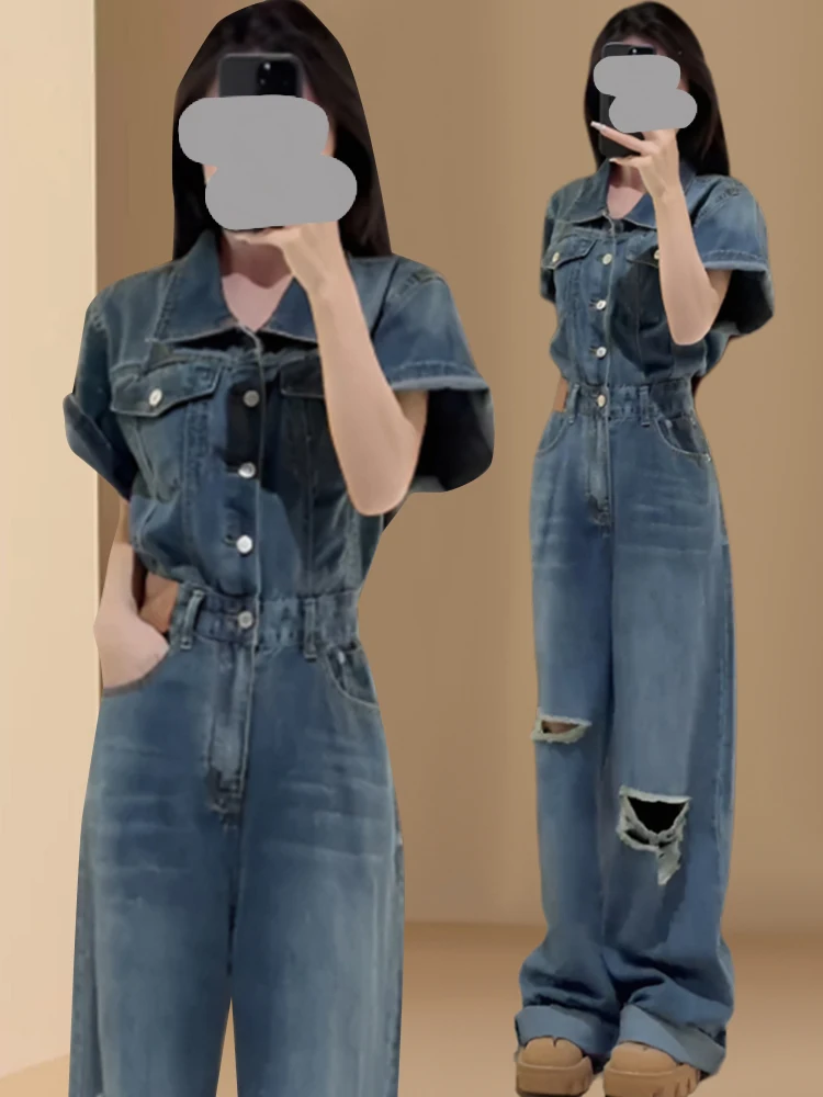 

Retro Waist-Cinching ort Sve Denim Overalls Women's Summer Collar Hole Punching High Waist Wide Leg Pants Trendy