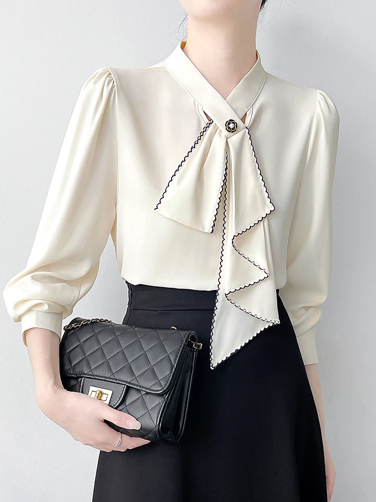 

Корейская женская блузка из тафты с V-образным вырезом, для собеседований и работы, профессиональная, с цветочным принтом и бантом, дышащая, с длинным рукавом