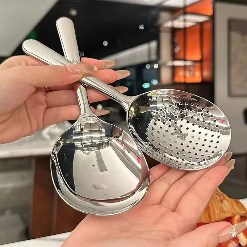 1pc Stainless Steel Spoon Kitchen Restaurant Utensils For Daily Use Serving Soup Rice Serving Drain Hole Heat Insulated Handle