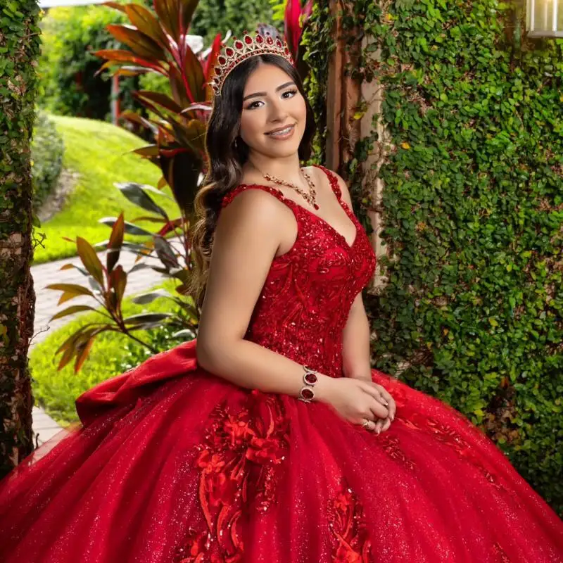 사용자 정의 반짝 이는 레드 오프 어깨 Quinceanera 드레스 스팽글 아플리케 Tull 레이스 3D 꽃 vestidos de 15 Quinceanera ﻿