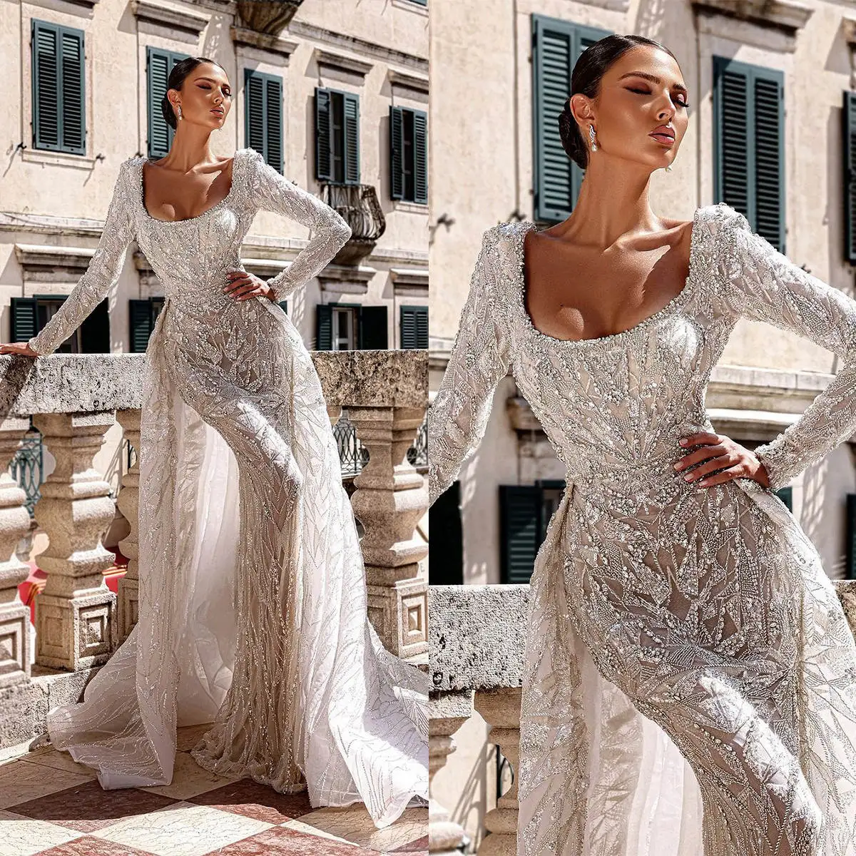 

Luxury Wedding Dress Mermaid Square Collar Beading Sequins Long Sleeve Bridal Gowns Vestido De Noiva Custom Made