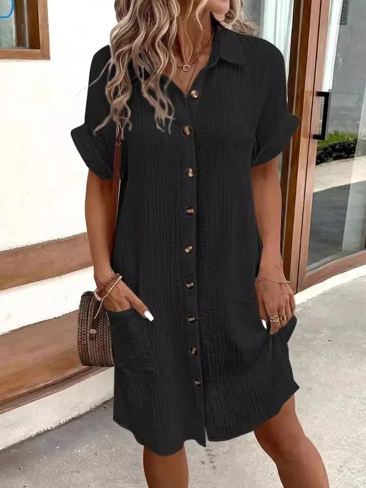 Camicia monopetto vintage tinta unita Abito a maniche corte Tasca ampia estiva da donna Abiti femminili casual semplici