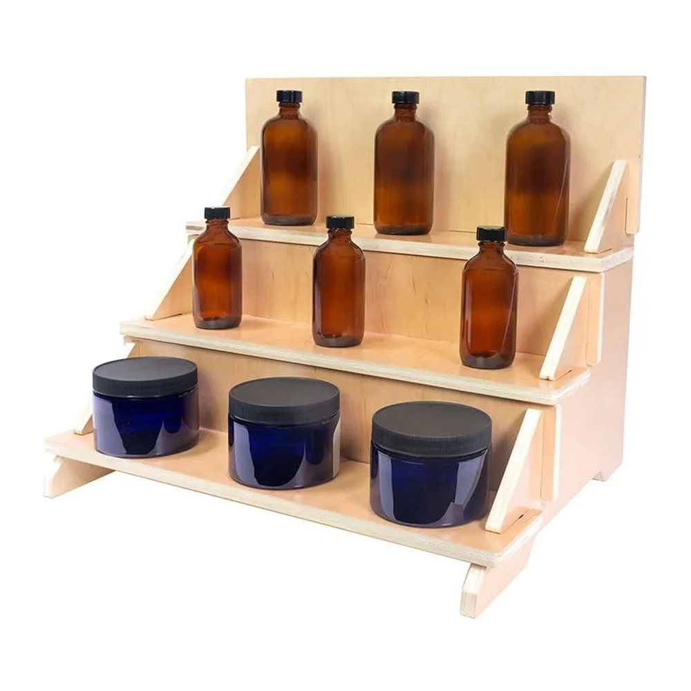 Wooden 3 Tier Narrow Countertop Step Display Collapsible 18″W – Tiered Product Display Stand with Inner Shelf for