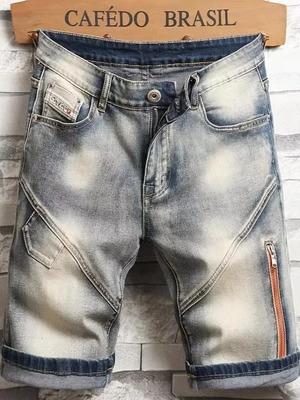 

Summer Thin Men's Slim Fit Straight Leg Jeans orts Lightweight Blue Striped Elastic mid Waist Five-Quarter Length Casual ...