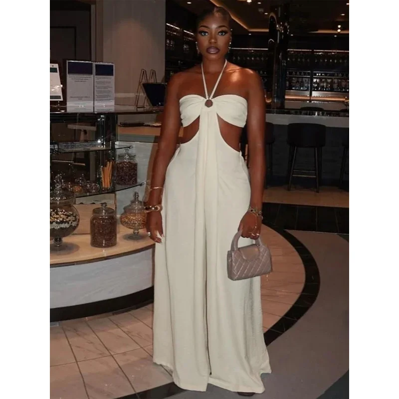 BKQU Elegant Halter Jumpsuits Woman Sexy Hollow Off Shoulder Backless Lace-Up One Piece Rompers Prom Party Overalls