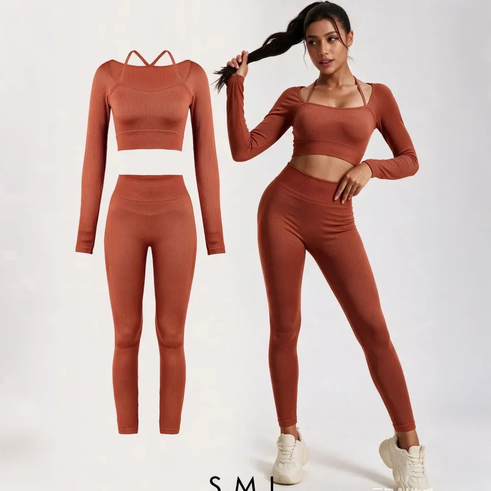 2PCS Workout Outfit for Women Seamless Ribbed Yoga Suit Long Sleeve Square Neck Crop Top with Fintness Leggings Gym Activewear