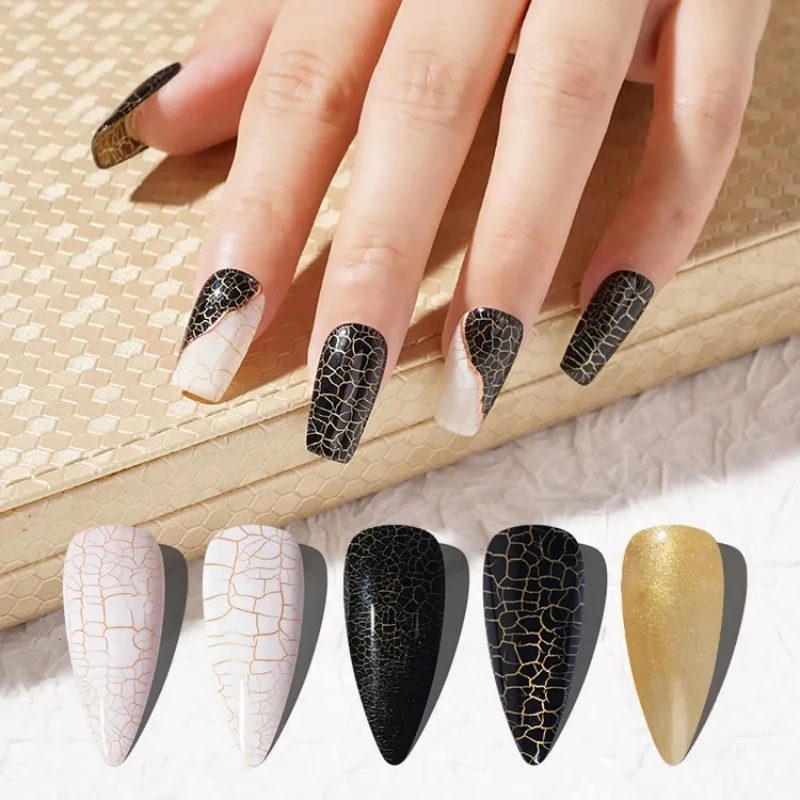 RS NAIL 12ml Crackle Gel Nail Polish Kit Cracked Nail Polish Black +White+Golden Base Gel Set Super Easy Cracked