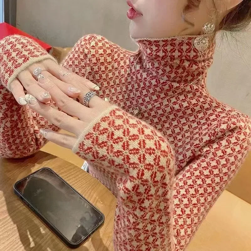 

Women Clothing Vintage Fashion Slim Knit Sweaters Autumn Winter Casual All-match Turtleneck Long Sleeve Pullovers Lady Chic Tops