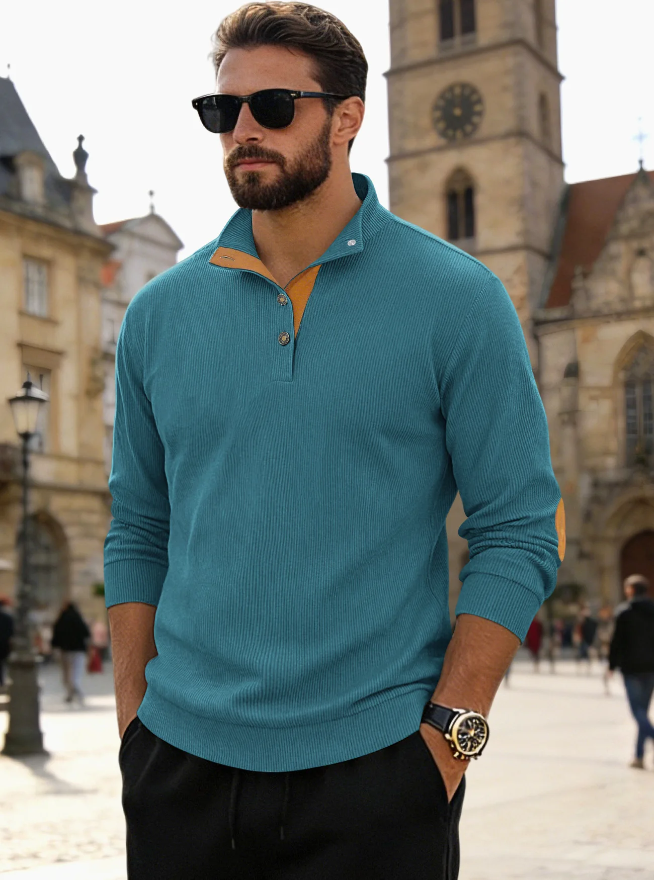 Men's Autumn Corduroy Stand-up Collar Half-open Button Color Matching Casual Large Size American Long-sleeved Sweater Cw35113