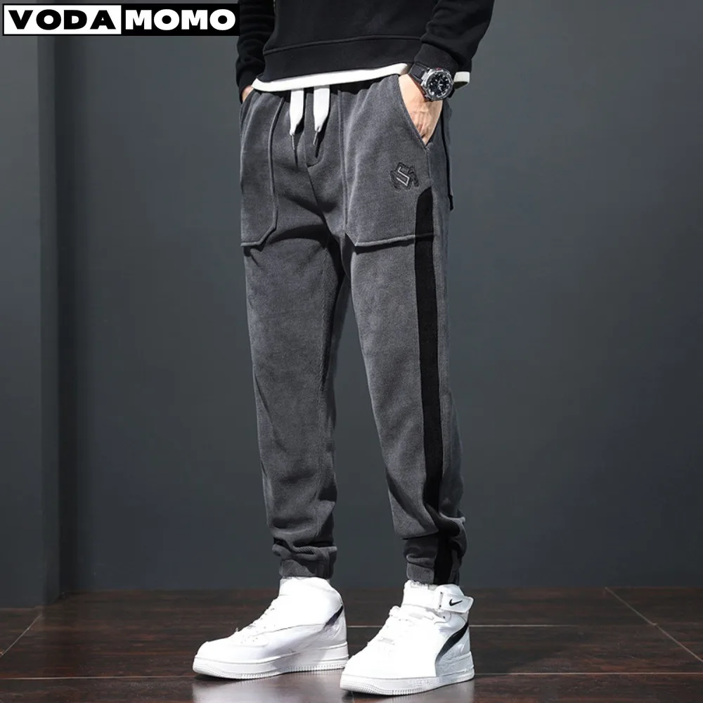 Calça casual de veludo elástico masculino, cotelê fino, calça harém cargo, moletom fino, calça hip-hop coreana, outono e inverno