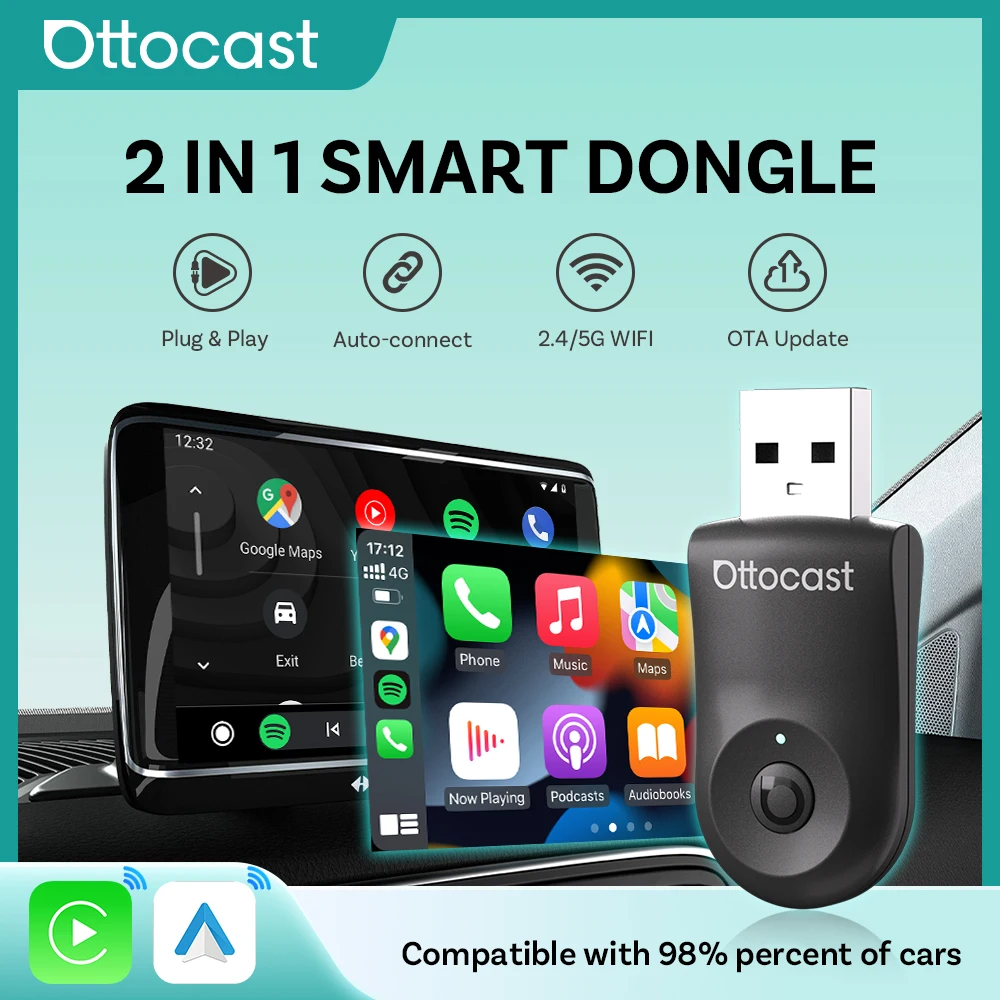 OTTOCAST Mini 2-in-1 Wireless Carplay Android Auto Adapter Convert Wired to Wireless Apple CarPlay Low Latency Plug&Play Dongle