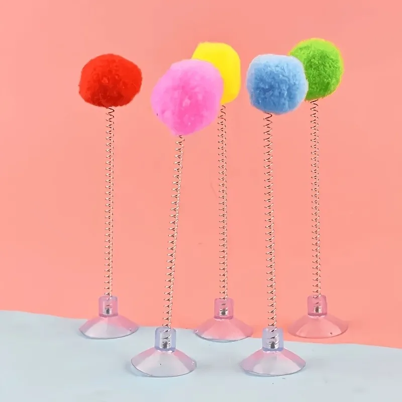 2/4 PCS Spring Furry Balls Interactive Cat Toys , Including Plush Balls, Spring Bars, Suction Cup Bases, For Cat Training Toys