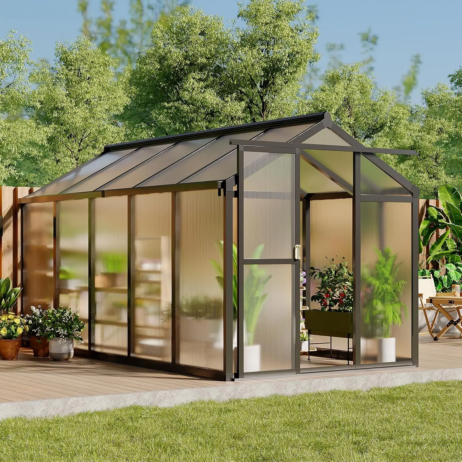 6 X 10 Ft Greenhouse, Greenhouses for Outside, Polycarbonate Greenhouse with Aluminum Frame, Lockable Door and Ajustable Roof