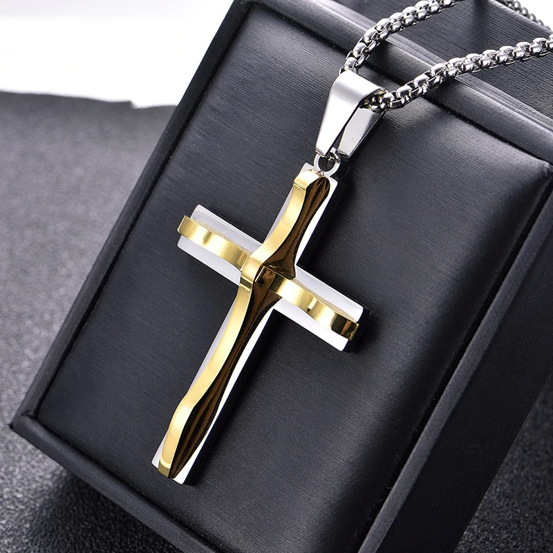 Cool Cross Necklace Awesome Double-Layer Wavy Style Golden Color Metal Pendant Gift for Women and Men's Fashionable Accessory