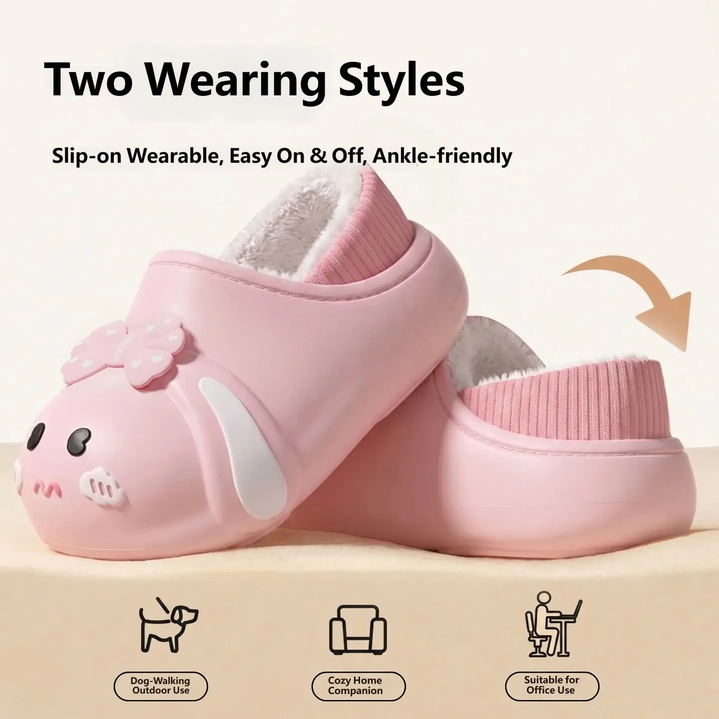 Cute Rabbit Bowknot Furry Slippers Warm Plush Non-Slip Indoor Home Shoes Winter EVA Waterproof Slip-On House Slippers