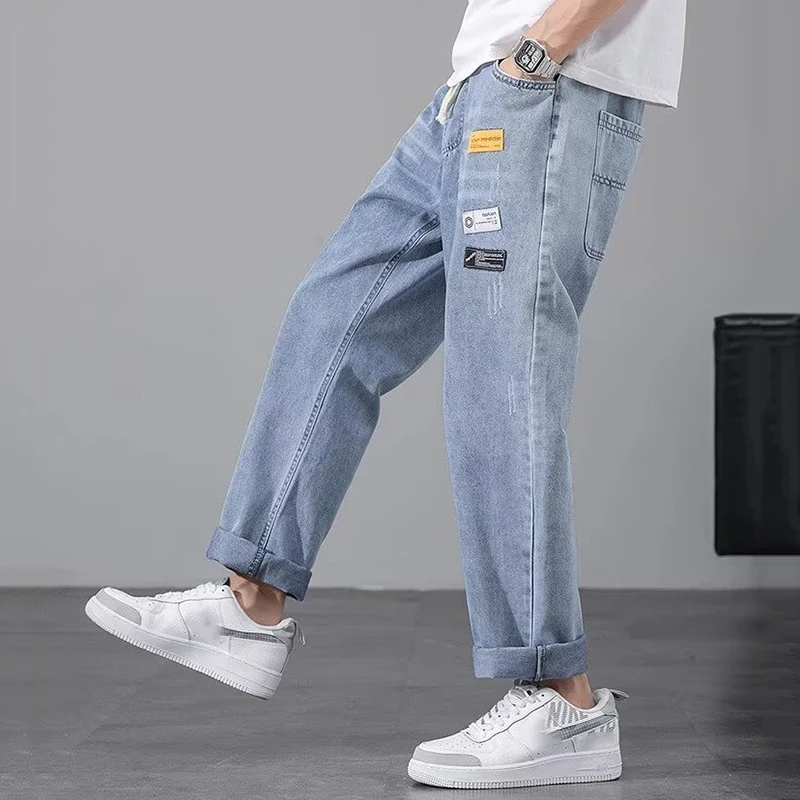 Men Comfortable Elastic Waist Hot Sale Jeans Male Baggy Straight Casual Denim Pants Daily Wash Streetwear Blue Denim Trousers