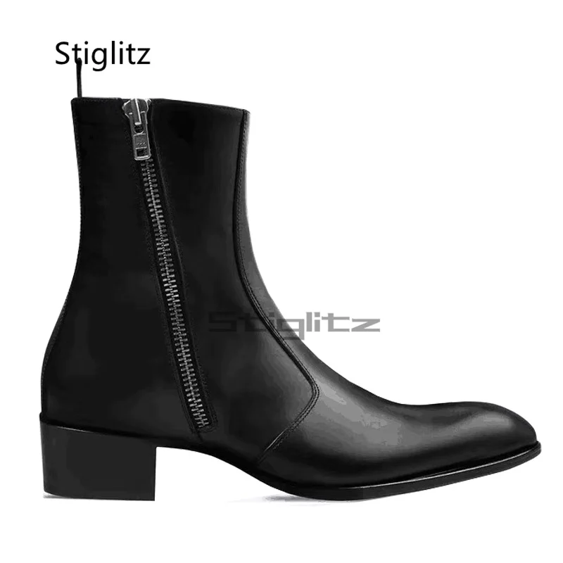 Bright Leather High Heeled Chelsea Boots for Men Pointed Toe Side Zipper Fashion Ankle Boots British Style Business Male Shoes