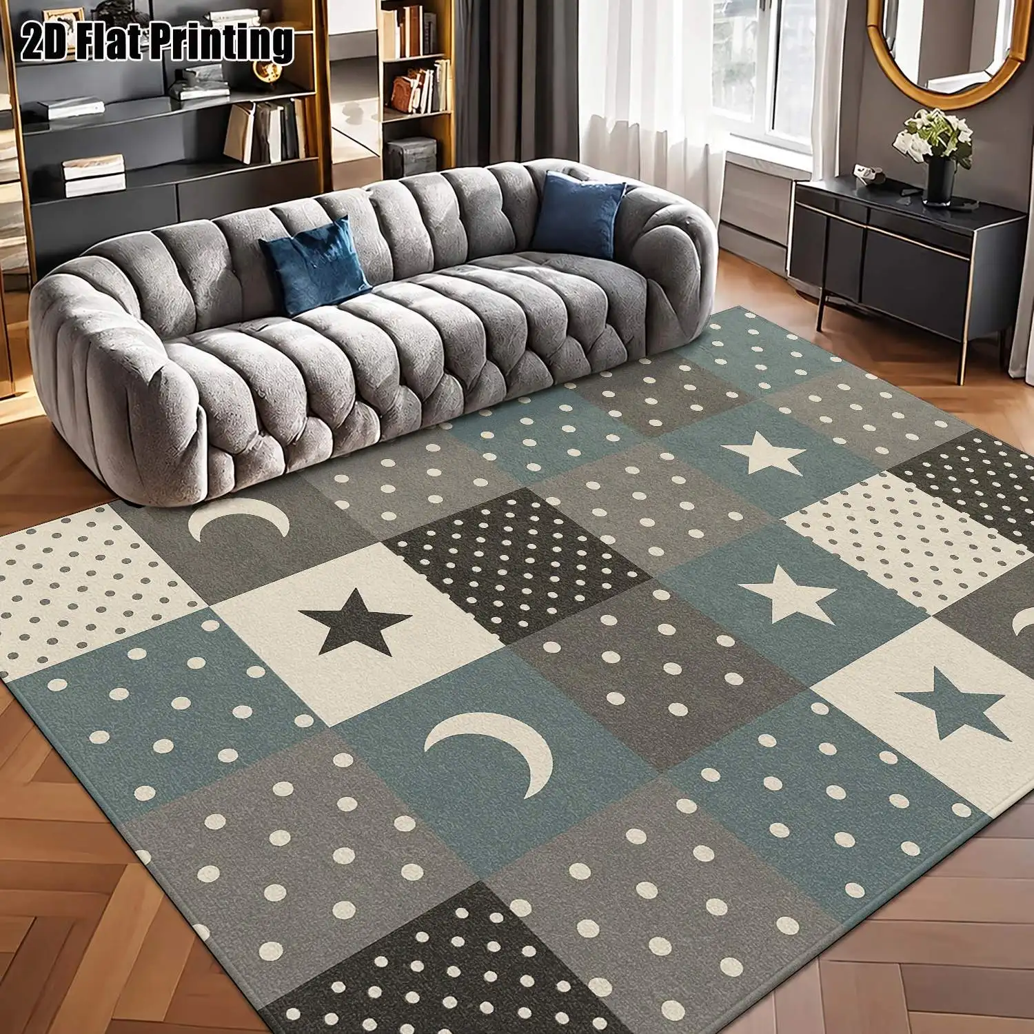 1Pc 2D Printed Carpet: Blue-Gray Star-Moon Polka Dot Pattern Nordic/Instagram/Modern Minimalist/European/Vintage Geometric Style, Multi-Size, Machine Washable, Ideal for Entryway, Dining Room, Foyer, Bedroom, Living Room as a Floor Mat/Home Decor.