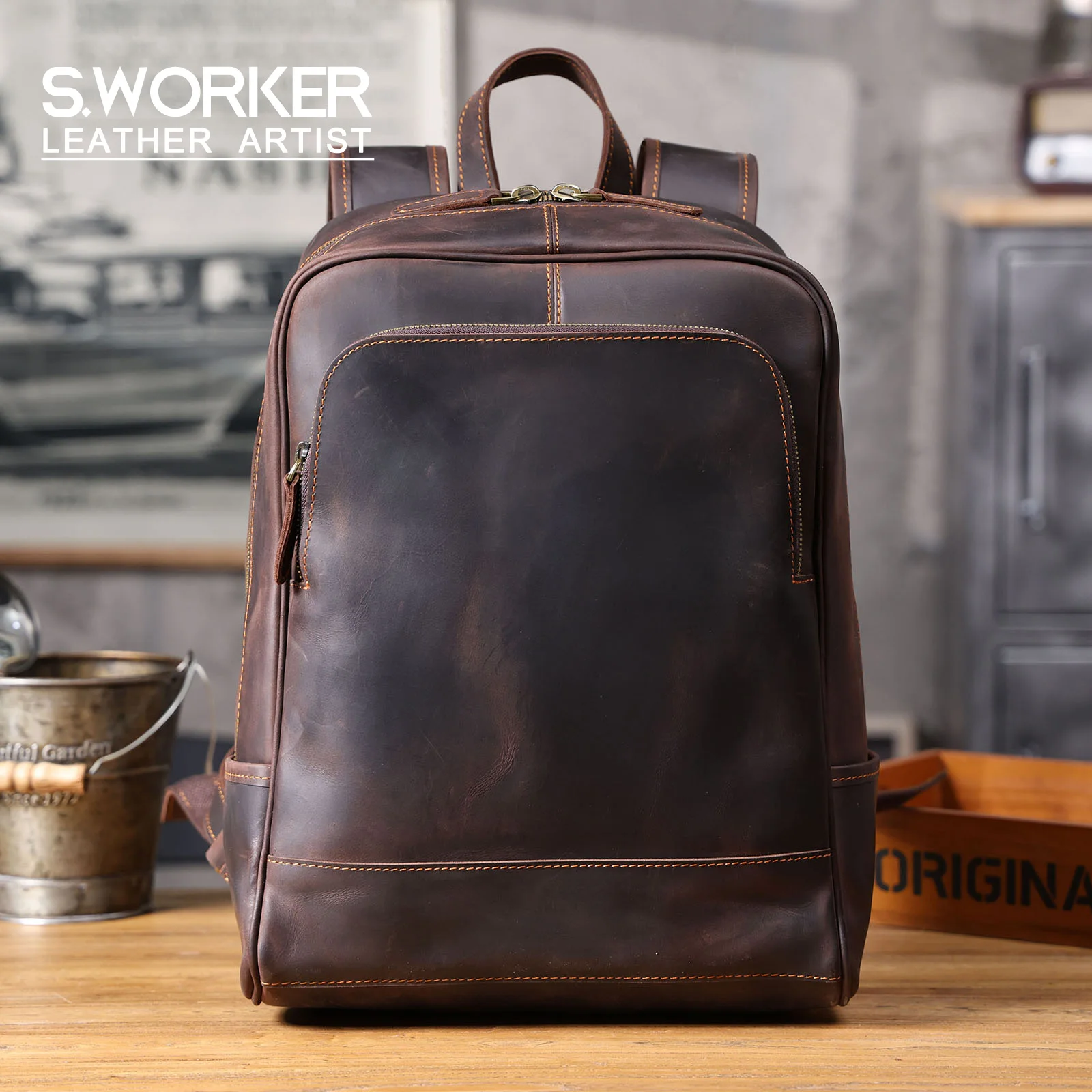 S.WORKER Vintage Echtleder-Rucksack für Herren, Große Laptop-Schultertasche aus Rindsleder, Klassische Vintage Crazy Horse Schultasche für Reisen – Detail 2