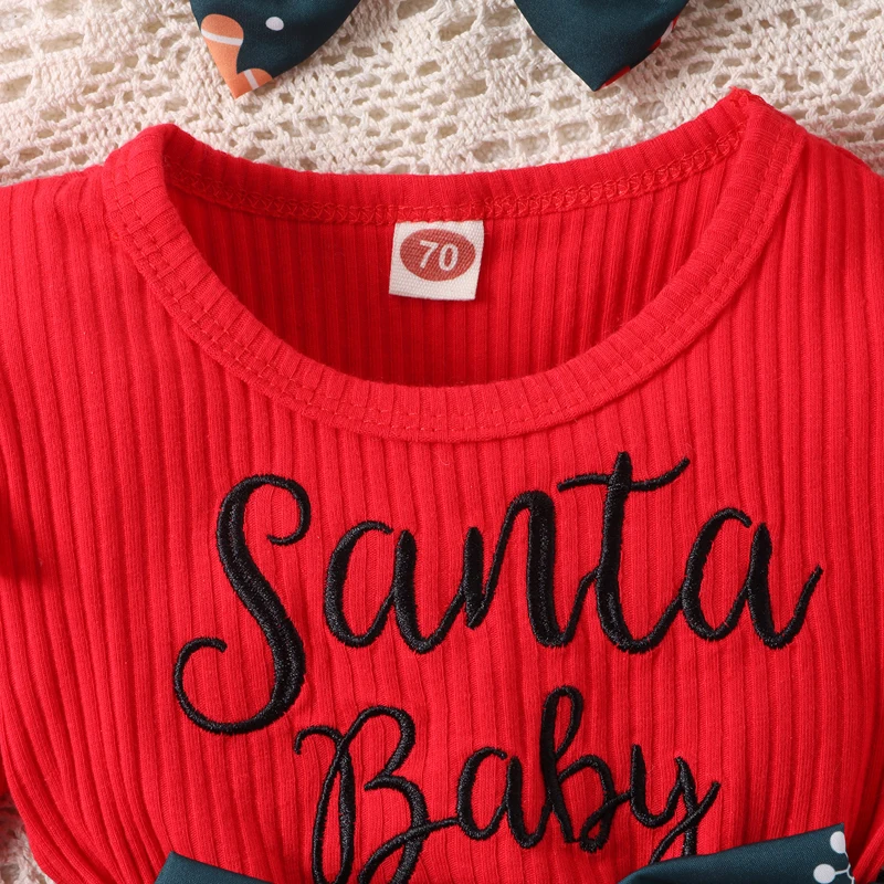 2pcs Baby Girls Christmas Patchwork Romper Dress Long Sleeve Letter Santa Hat Print Romper with Bow Headband Cute Wnter Clothes