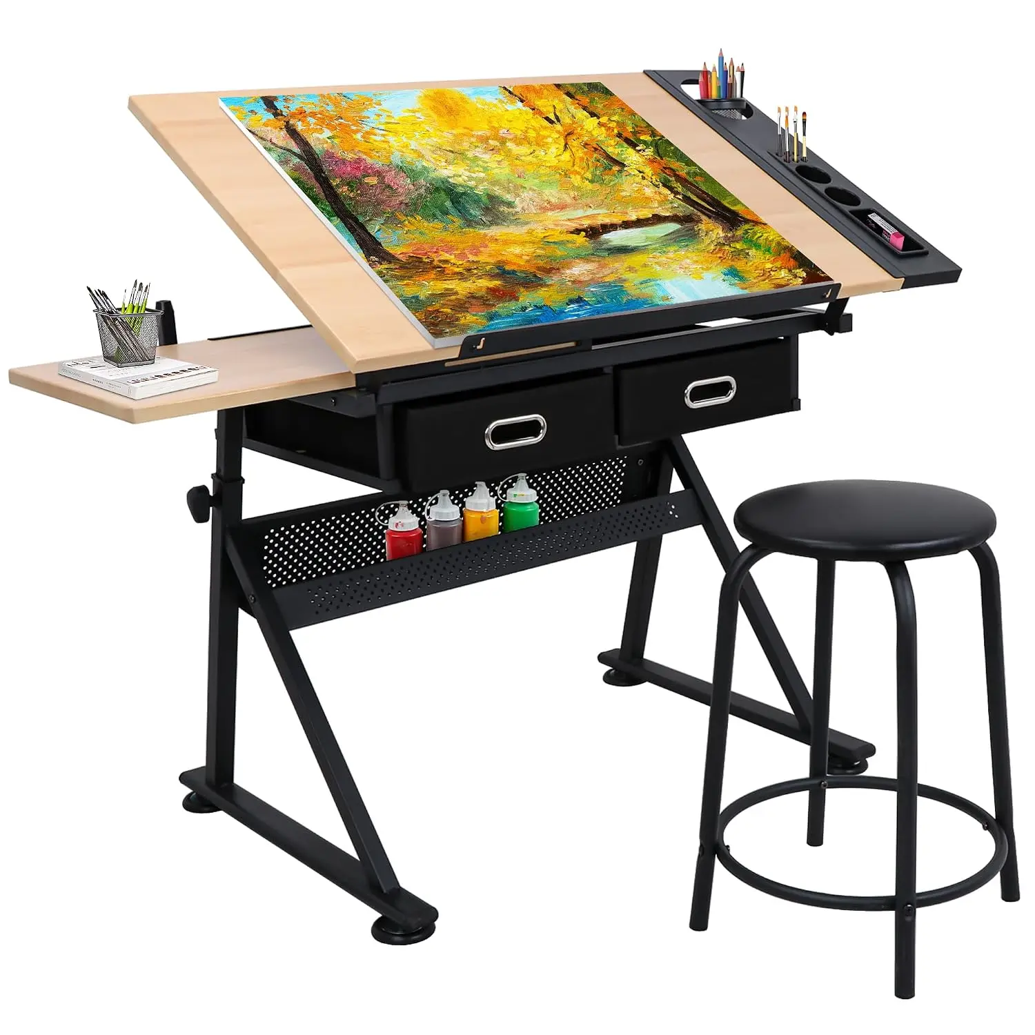 Adjustable Height Drafting Desk Drawing Table Tiltable Tabletop for Reading, Writing Art Craft w/Stool and Drawers