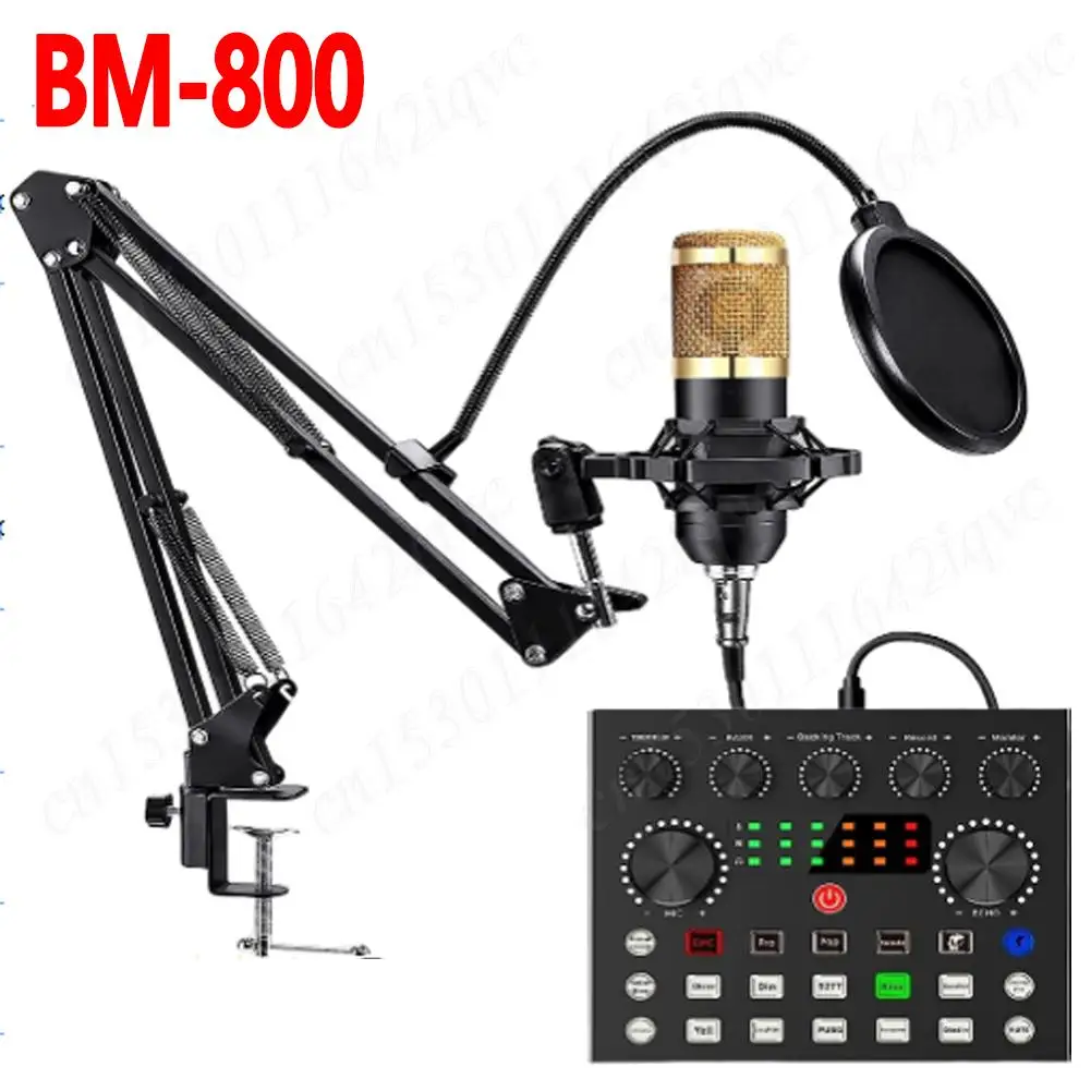 BM800 Condenser Microphone V8 Sound Card Arm Articulated Microphone Kit & Double-Layer Pop Filter for Live Broadcast Recording