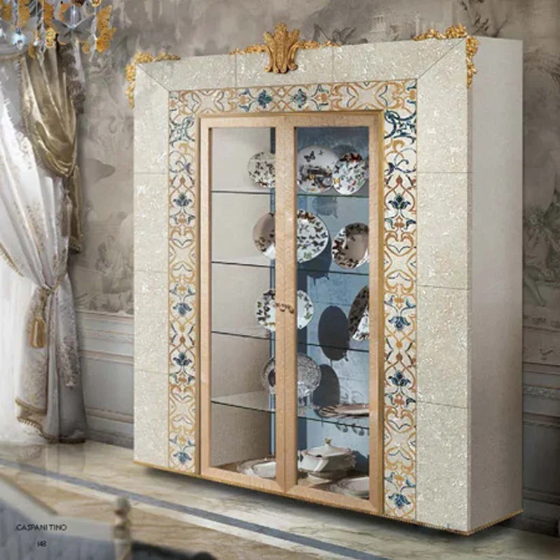 Italian luxury wine cabinet French solid wood shell inlaid storage European glass side cabinet