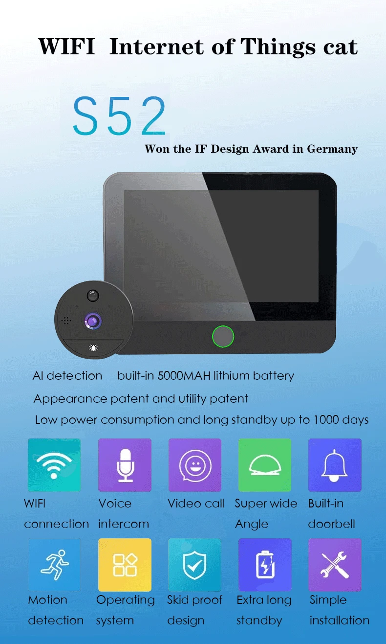 Cat Eye Electronic Video Intercom, Tuya App, Smart Wireless, Campainha Visual, Sistema de Segurança, Lembrete de Entrada, Câmera de Despertar em Dois Sentidos