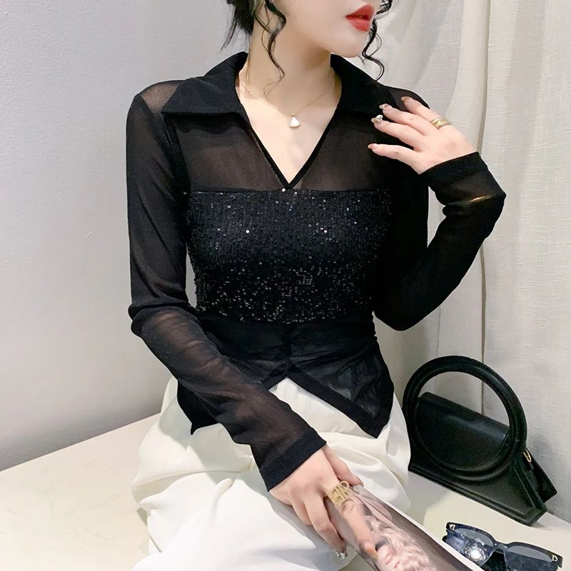 2024 Spring Summer Black Mesh T-shirt Women Sequined Stretchy Tees T Shirts Girl Polo V Neck Irregular Hem Split Top