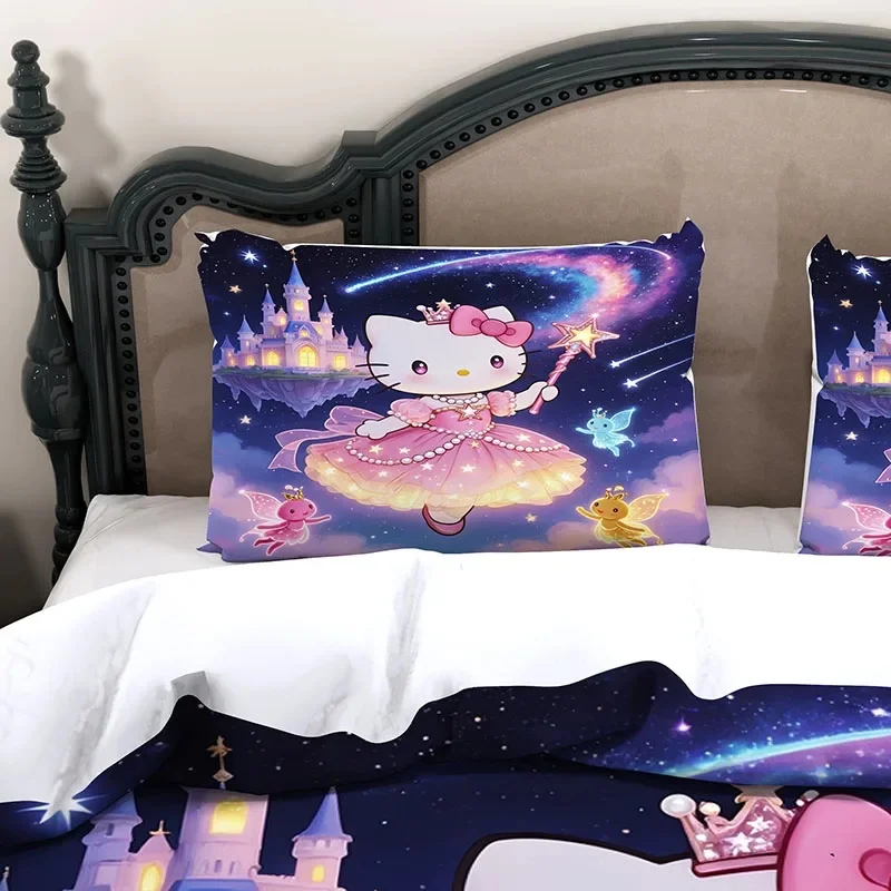 Vibrant Princess Hello Kitty 3 Piece Bedding Set, 3D Magic Wand Star Castle Fairy Kitty Microfiber Duvet Cover And 2 Pillowcases