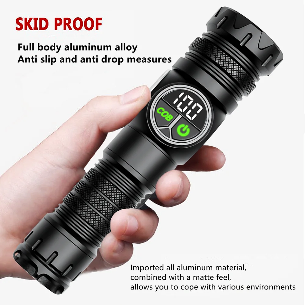 High Power Spotlight Long Range LED Flashlight With Side COB Light Type-C Charging Zoomable Aluminum Alloy Torch Lantern