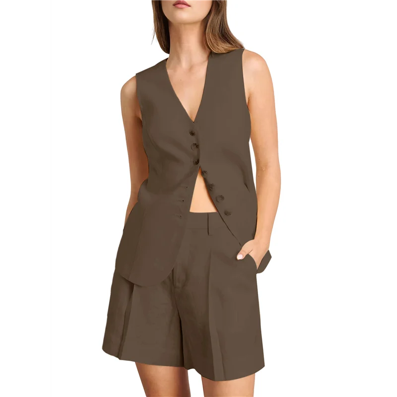 ASDS-Women's Round Neck Summer Cotton And Linen Sleeveless Slim Vest Work Casual Cotton Suit Vest Shorts Set